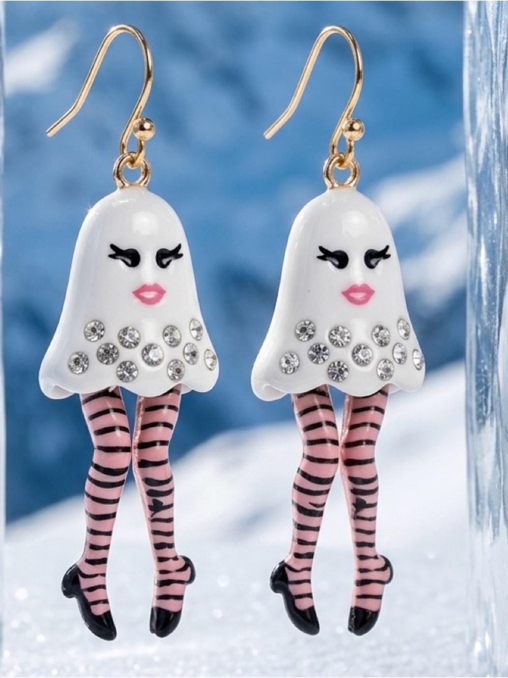 Betsey Johnson White Ghost Drop Earrings with Pink & Black Striped Legs